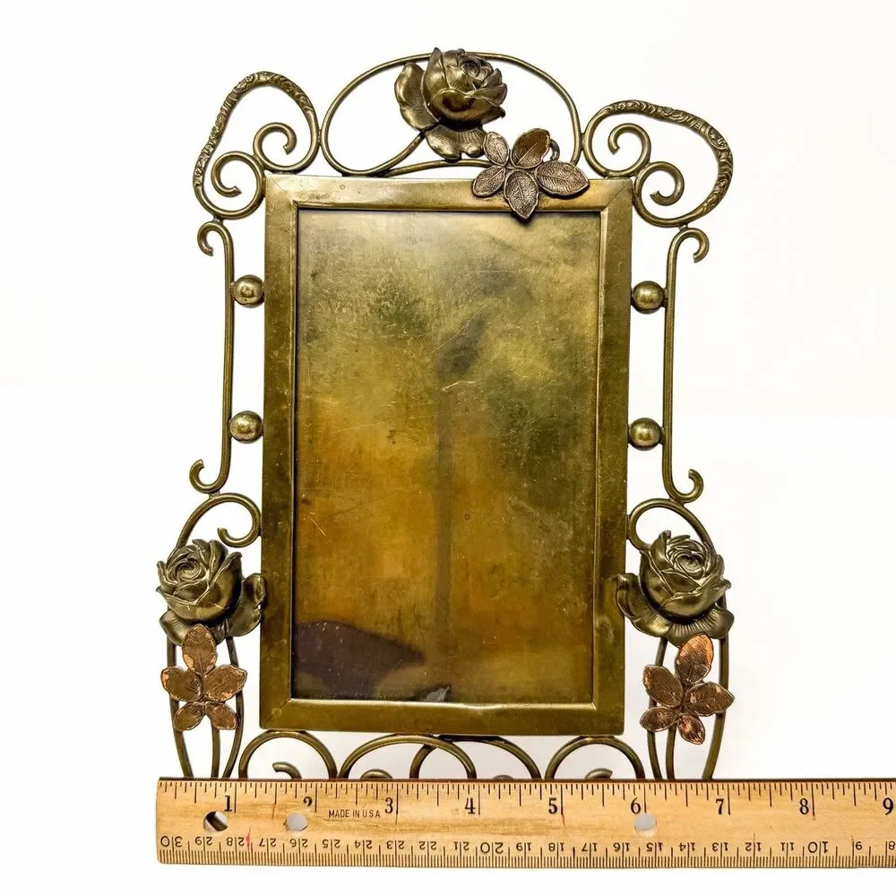 Antique Art Nouveau Brass Picture Frame Rose Floral Whiplash Easel c1900